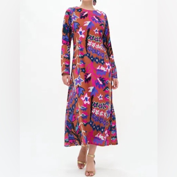 Oliphant Bukhara Long Sleeve Maxi Dress Camel Multi Print Women's Size Large